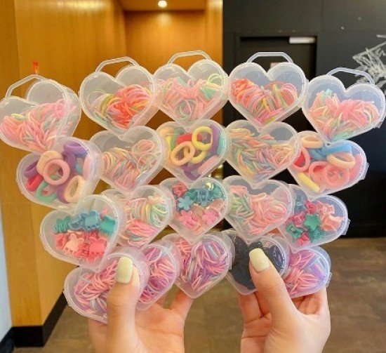 Dolago 200Pcs/Set Heart-Boxed Girl Color Elastic Hair Band Rubber Band Child Cute Cartoon Star Flower Small Hair Claw Hairpin Headdress