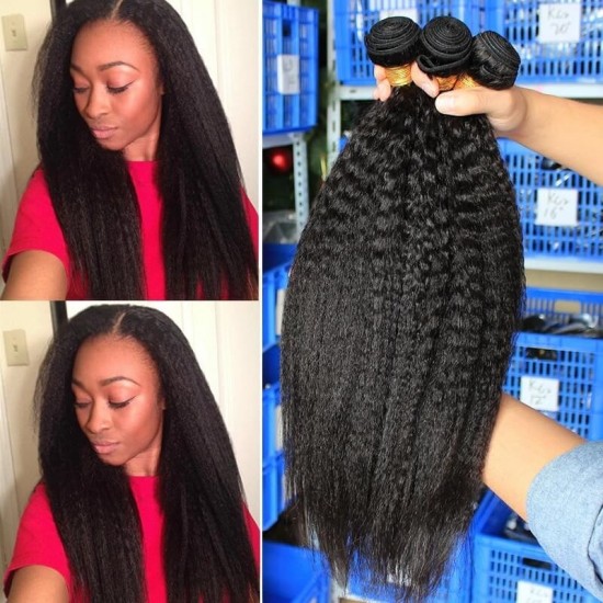 Dolago Hair ExtensionsKinky Straight Hair Brazilian Virgin Hair Weave Bundles Coarse Yaki 100% Human Hair Bundles 3 Pcs 