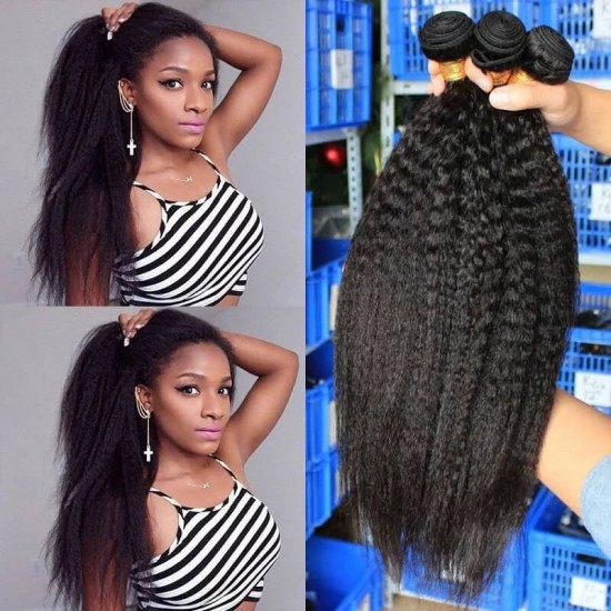 Dolago Hair ExtensionsKinky Straight Hair Brazilian Virgin Hair Weave Bundles Coarse Yaki 100% Human Hair Bundles 3 Pcs 