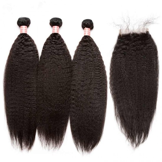 Dolago Kinky Straight Lace Closure with 3 Bundles Natural Color 100% Human Hair Weaves