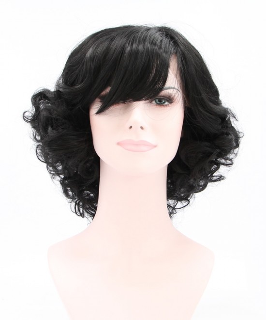 Dolago Black Lace Front Wig Side Part Short Curly Synthetic Wig With Bang