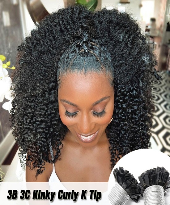 Dolago 3B 3C Kinky Curly Keratin Tip Hair Extensions For Women Brazilian 10A Grade Real Human Hair Flat  Extensions For Thin Hair Cheap Wholesale Fusion K-tip Extensions Can Be Dyed For Sale  