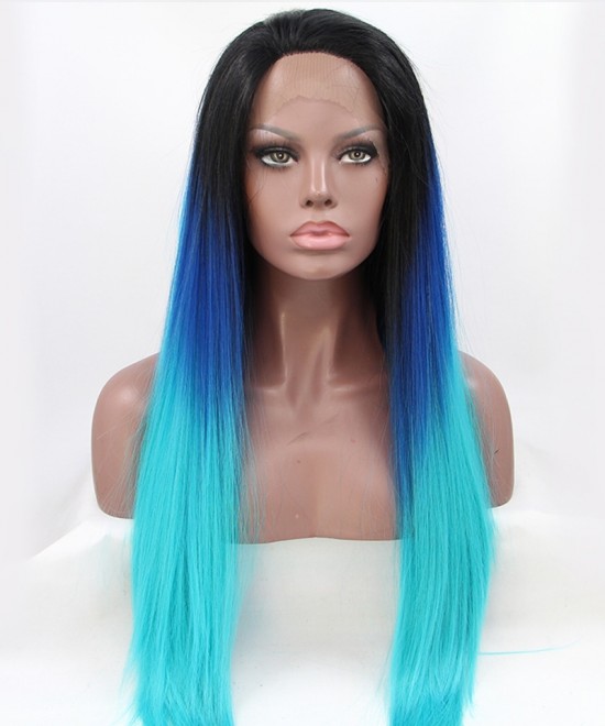 Dolago Ombre Wig Straight Lace Front Wig Three Color 1B/Blue/Light Blue Synthetic Wig