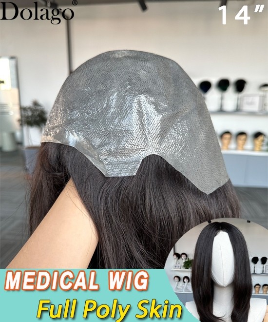 Dolago Luxury Full Poly Skin Medical Wigs For Female Alopecia And Chemo Hair Loss 130% Women's Virgin Human Hair Straight Medical Wigs For Cancer Patients For Thinning Crown Wholesale Free Shipping