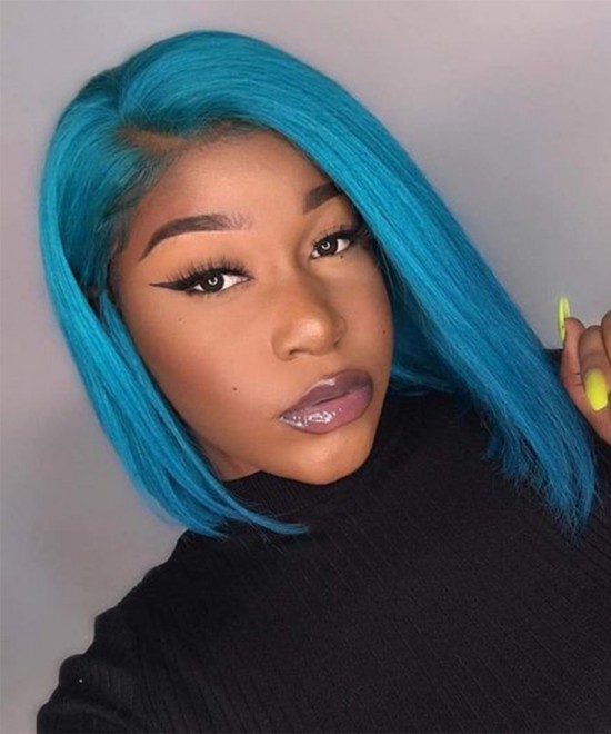 Blue Human Hair Lace Front Wigs For Women With Baby Hair