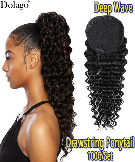 10A Deep Wave Drawstring Ponytail For Women with Clip Ins