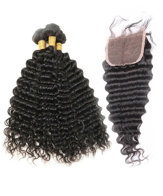 Dolago High Quality Deep Wave 3 Human Hair Bundles With 5x5 Lace Closure For Deal Brazilian Hair Bundles With Closure Wholesale Cheap Virgin Bundles And Closure Pre Plucked For Women Sale Online