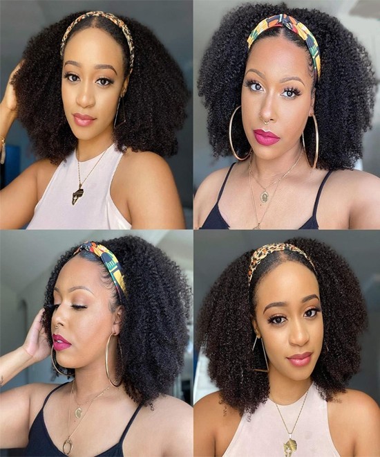 Dolago 4B 4C Afro Kinky Curly Human Hair Wigs With Headband Natural Hair For Black Women 150% Density Brazilian Half Wigs With Headband Attached 14-18 Inches Non-lace Wigs On Flash Sale