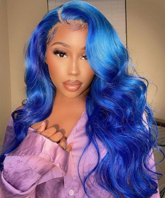 Dolago Blue Colorful Body Wave 13x6 Transparent Lace Front Human Hair Wigs For Women 150% Density Brazilian Ombre Colored Front Lace Wigs Pre Plucked With Baby Hair Glueless Lace Frontal Wigs For Sale 