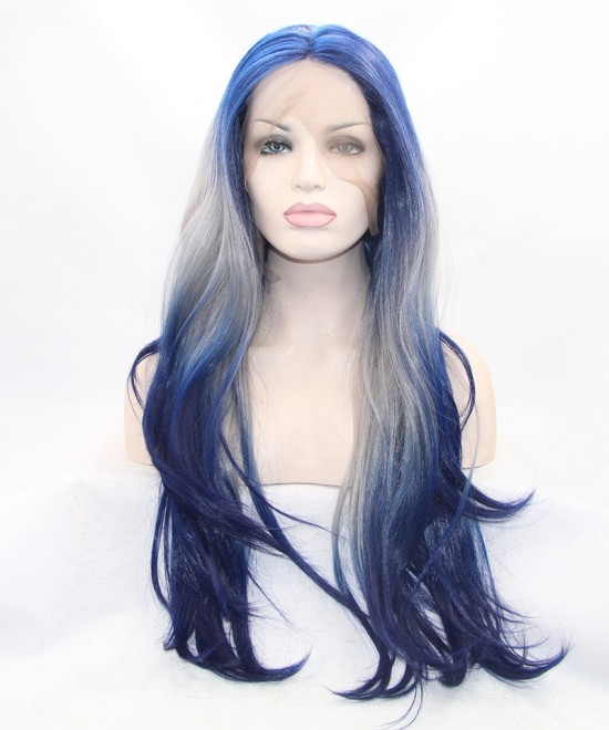 Dolago Blue/White Ombre Long Wavy Synthetic Wig 