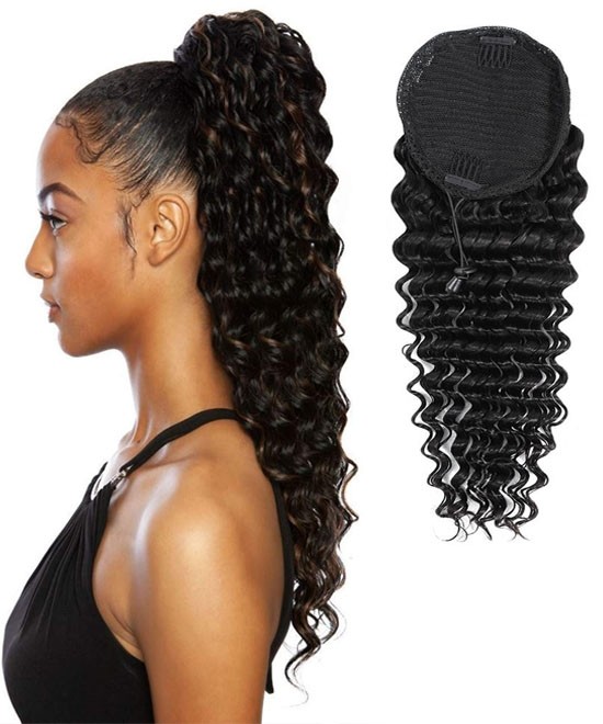 10A Deep Wave Drawstring Ponytail For Women with Clip Ins