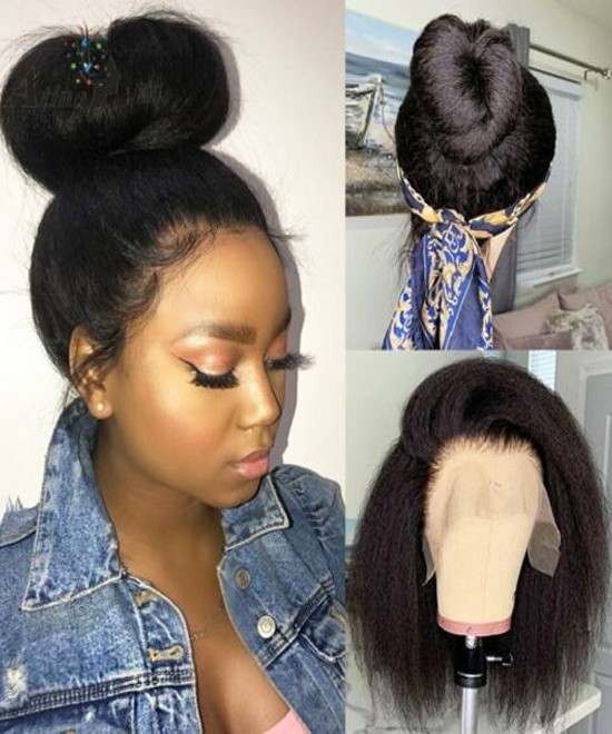 Dolago Kinky Straight 360 Front Lace Wigs Human Virgin Hair Pre Plucked 150% Glueless Coarse Yaki 360 Lace Front Wig With Baby Hair For Sale High Quality 360 Lace Frontal Wig With Cheap Price For Black Women