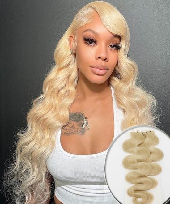 Dolago Light Blonde Tape In Human Hair Extensions For Women Body Wave Brazilian Tape Ins Extensions Wholesale Online 613 Wavy Tape-in Virgin Hair Extensions Can Be Dyed For Sale Free Shipping  