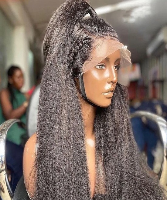Dolago Brazilian Kinky Straight Human Hair 360 Lace Front Wig With Baby Hair For Women 180% Coarse Yaki Glueless 360 Lace Frontal Wig Pre Plucke Can Be Dyed For Sale Cheap 360 Full Lace Wig Pre Bleached