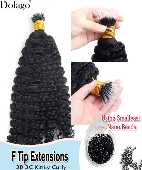 Dolago 3B 3C Kinky Curly F Tip Human Hair Extensions For Women Reusable