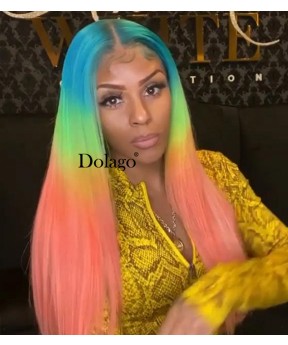 Dolago Colorful Wig 13X4 Lace Front Human Hair Wigs Rainbow Colored Straight Lace Frontal Wig Brazilian Transparent 3 Tone Color