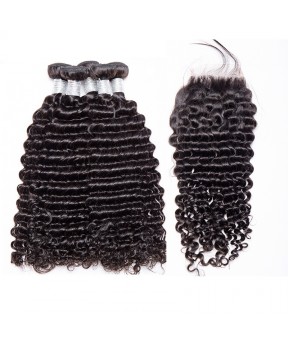 Dolago Brazilian Deep Curly Lace Closure with 3 Bundles Natural Color