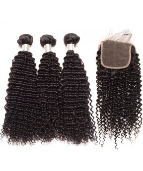 Dolago Human Hair Lace Closure with 3 Bundles Brazilian Kinky Curly Virgin Human Hair