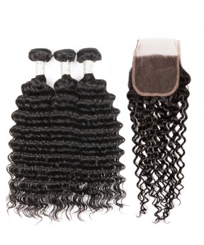 Dolago Free Part Lace Frontal Closure With 3 Bundles Brazilian Virgin Hair Deep Wave