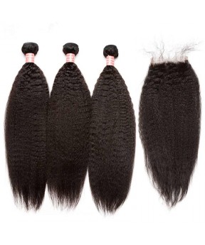 Dolago Kinky Straight Lace Closure with 3 Bundles Natural Color 100% Human Hair Weaves