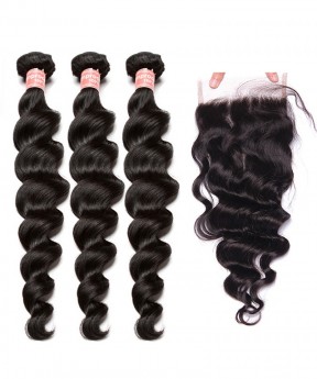 Dolago Lace Closure with 3 Bundles Loose Wave Brazilian Virgin Hair With Closure