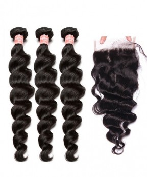Dolago Loose Wave 4x4 Frontal Lace Closures Hair With 3 Bundles Deal For Women Brazilian Virgin Human Hair Bundles With Closure Best Closure Hair Piece And Bundles Hair Extensions Online Sale