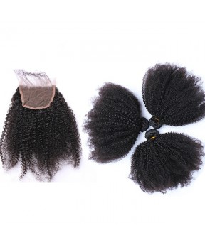 Dolago Afro Kinky Curly Lace Closure with 3 Bundles 100% Human Hair Bundles with Closure