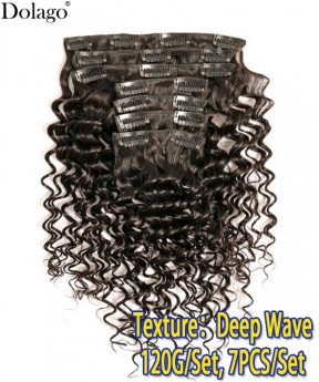 Dolago Hair Deep Wave Brazilian Hair Clip In Human Hair Extensions 7 Pieces/Set Natural Color 120g/set For Women