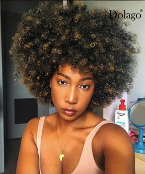 Dolago Afro Kinky Curly Coily Pixie Cut Human Hair Machine Wigs For Women Ombre 4/27 Short Pixie Cuts Wigs For African American Brazilian Natural Black Bob Virgin Hair