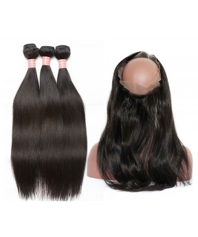 Dolago Brazilian Virgin Hair Yaki Straight 360 Lace Frontal With 3 Bundles Natural Color