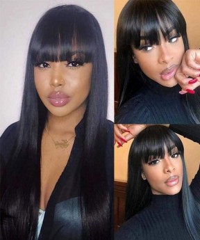 Dolago Straight 150% 13x2 French Lace Front Human Hair Wig With Bang Brazilian Glueless Wigs For Black Women 18 Inch Straight High Quality Lace Wigs  With Baby Hair Pre Plucked