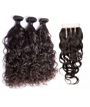 Dolago Water Wave Lace Frontal Closure with Bundles 4Pcs Lot Human Hair Weaves with Closure