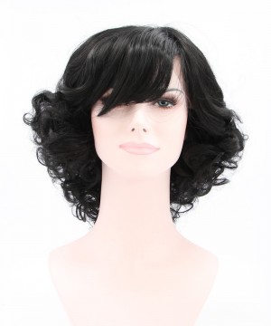 DOLAGO Black Lace Front Wig Side Part Short Curly Synthetic Wig With Bang