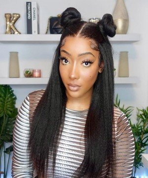 Dolago Kinky Straight Human Hair Lace Front Wigs For Sale 150% Coarse Yaki 13X4 Lace Front Human Hair Wigs Pre Plucked For Black Women Natural Brazilian Front Lace Wigs With Baby Hair Can Be Dyed