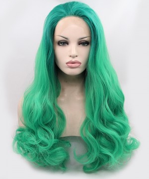 Dolago Ombre Wig Light Green Color Long Wavy Synthetic Wig Lace Front Wig