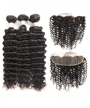 Dolago 13x4 Lace Frontal with 3 Bundles Free Part Brazilian Virgin Human Hair Weaves Deep Wave