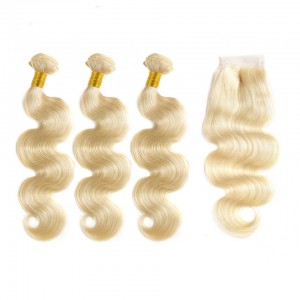 Dolago Brazilian Body Wave Lace Closure with 3 Bundles 100% Human Hair Weave #613 Blonde Color