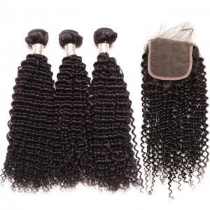 Dolago Human Hair Lace Closure with 3 Bundles Brazilian Kinky Curly Virgin Human Hair