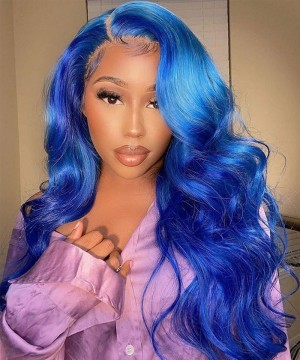 Dolago Blue Colorful Body Wave 13x6 Transparent Lace Front Human Hair Wigs For Women 150% Density Brazilian Ombre Colored Front Lace Wigs Pre Plucked With Baby Hair Glueless Lace Frontal Wigs For Sale 