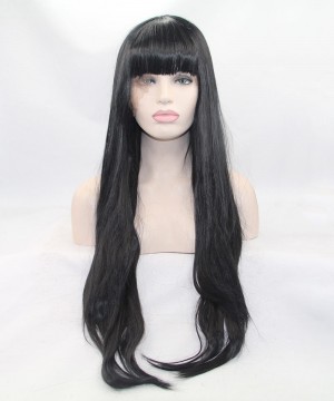 DOLAGO Black Long Straight Lace Front Wig Synthetic Wig With Bang