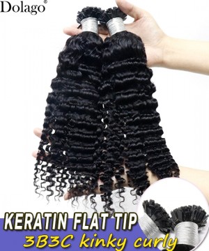 Dolago 3B 3C Kinky Curly Keratin Tip Hair Extensions For Women Brazilian 10A Grade Real Human Hair Flat  Extensions For Thin Hair Cheap Wholesale Fusion K-tip Extensions Can Be Dyed For Sale  