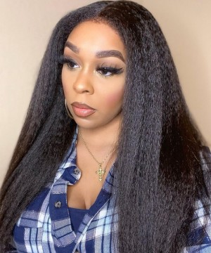 Dolago Kinky Straight 250% Human Hair Lace Front Wigs For Black Women Glueless Coarse Yaki Lace Front Wigs Pre Plucked With Invisible Hairline HD Transparent Lace Frontal Wigs Can Be Dyed Free Shipping