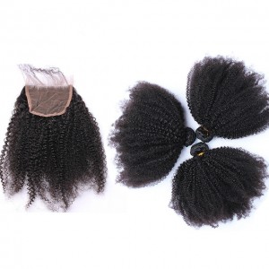 Dolago Afro Kinky Curly Lace Closure with 3 Bundles 100% Human Hair Bundles with Closure