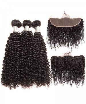 Dolago 100% Human Hair Lace Frontal with 3 Bundles Brazilian Kinky Curly Virgin Human Hair Weaves