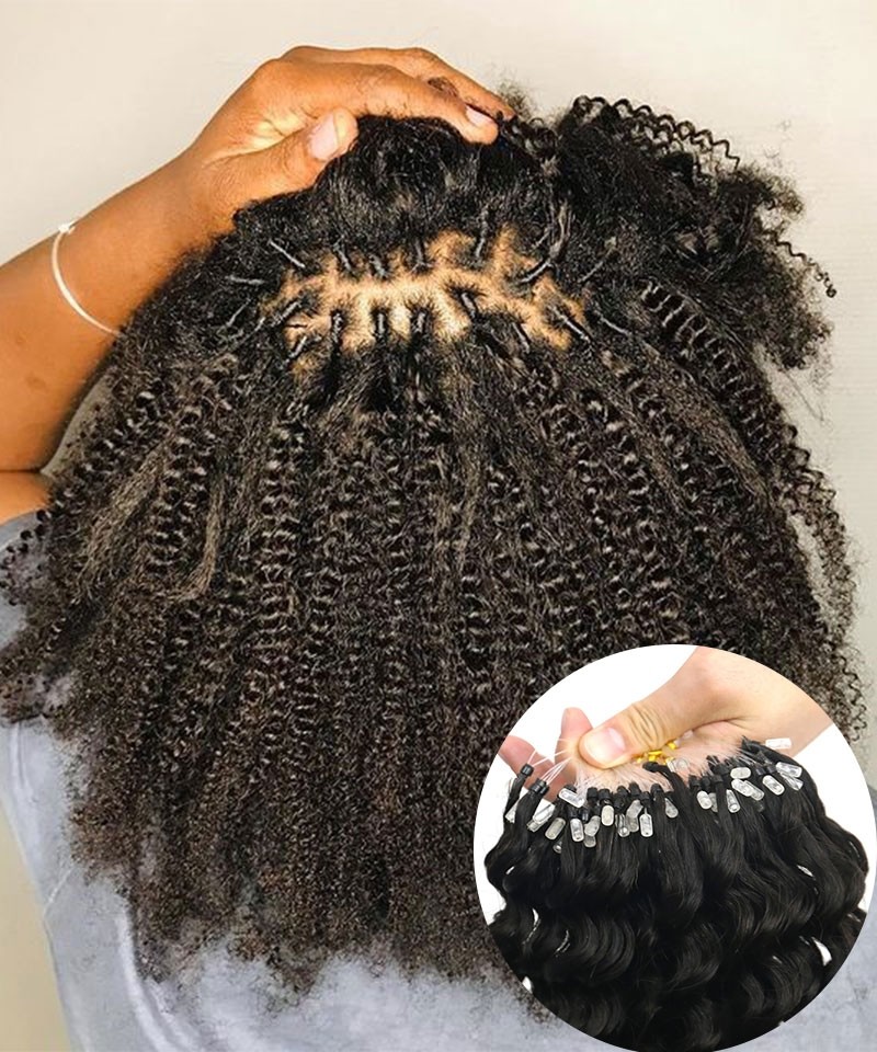 Natural Color Kinky Curly Micro Loop Hair Extension, 18 20 (2 Bundles) / Natural Color / Just The Hair