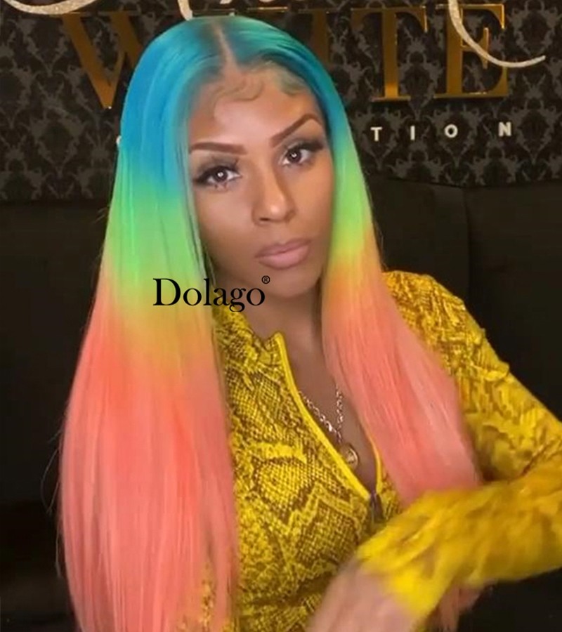 Colorful Rainbow Colored Straight Lace Front Wig Brazilian Transparent