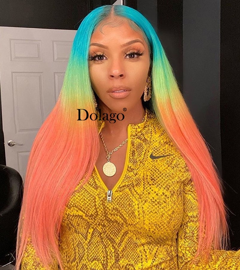 Rainbow Colored Lace Front Wig Brazilian Transparent Wig 3 Tone Color