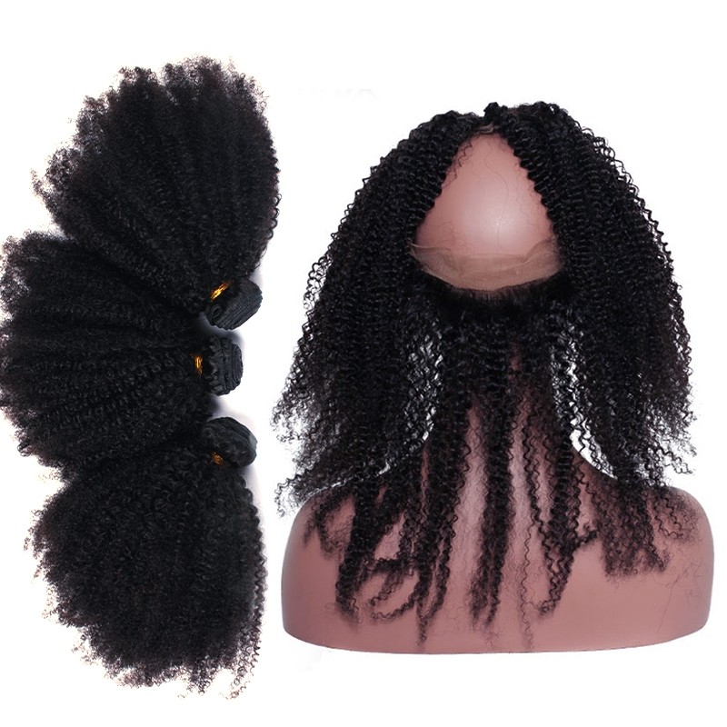 DOLAGO Pre Plucked Afro Kinky Curly 360 Lace Frontal Closure With 3 Bundles