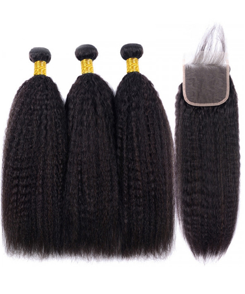 Dolago Kinky Straight Brazilian Hair Bundles With Closure For Women Cheap Virgin Human Hair 3 PCS Bundles With 4x4 Frontal Lace Closure For Short Hair Wholesale Best Hair Closures And Bundles Sale Online