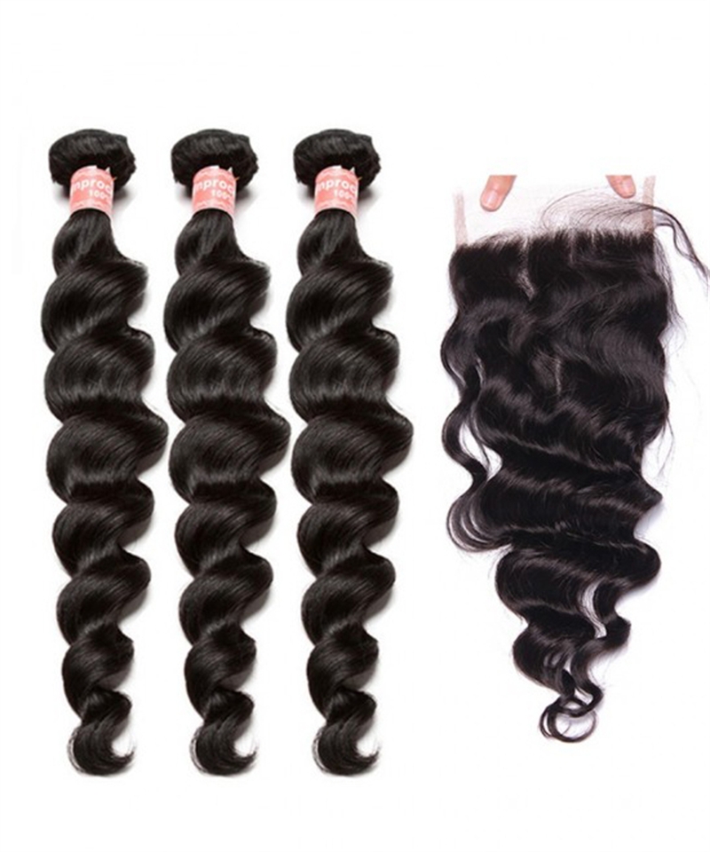 Dolago Loose Wave 4x4 Frontal Lace Closures Hair With 3 Bundles Deal For Women Brazilian Virgin Human Hair Bundles With Closure Best Closure Hair Piece And Bundles Hair Extensions Online Sale